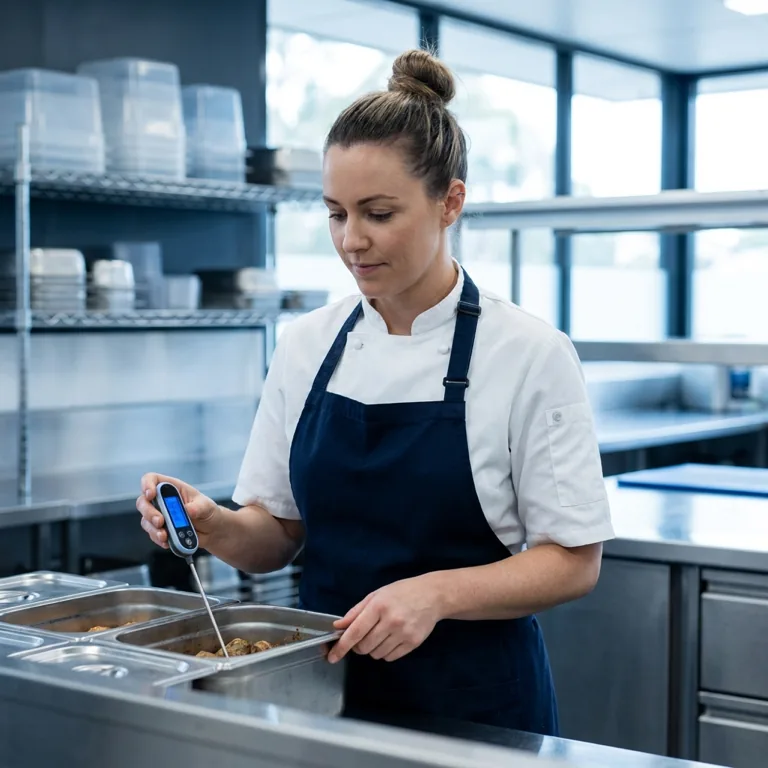 A food safety supervisor checking the temperature of food in a bain-marie with a probe thermometer