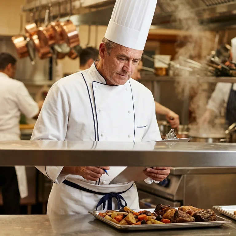 A head chef in a tall chef’s hat checking a tray of prepared food against a clipboard on the pass
