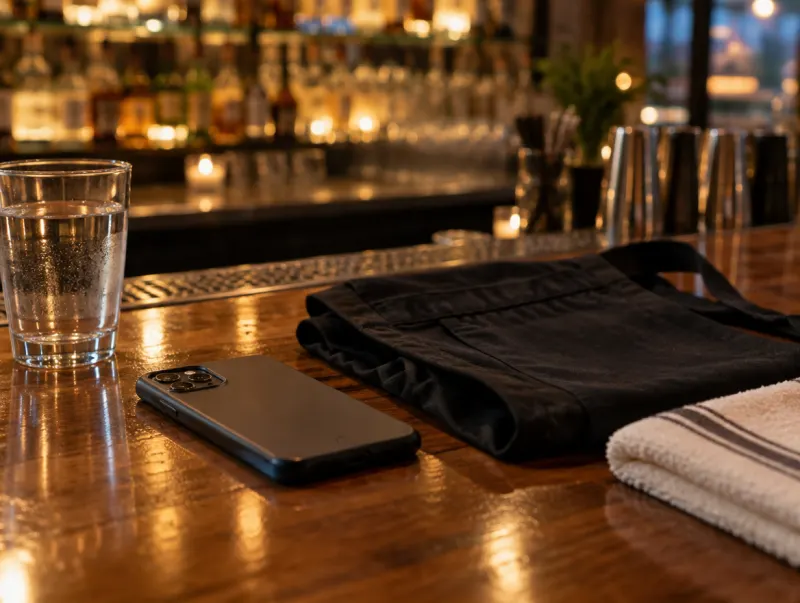 A phone, a folded black apron and a glass of water on a timber bar counter