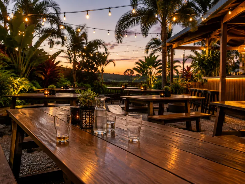 A Queensland beer garden at dusk with festoon lights, timber tables and a jug of water