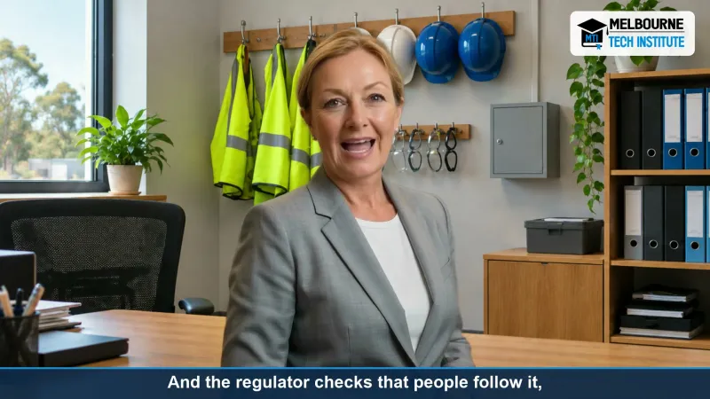 Helen, the course’s WHS trainer, talking to camera in a safety office with hard hats and hi-vis vests on the wall