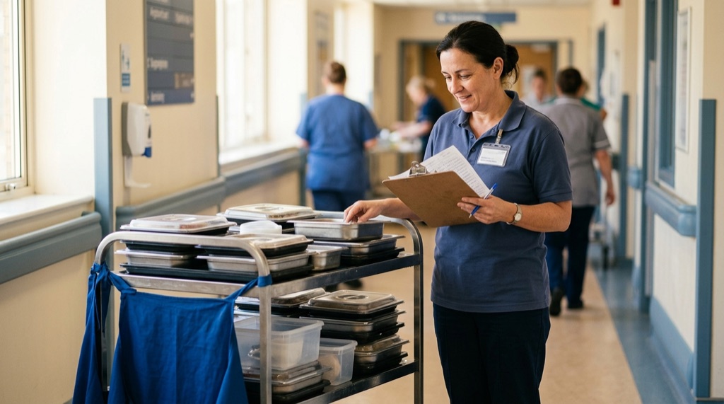 A hospital food services supervisor in a navy polo shirt holds a clipboard beside a stainless-steel meal trolley of covered dinner trays in a bright hospital corridor, with blurred, unlettered wall signage behind her.