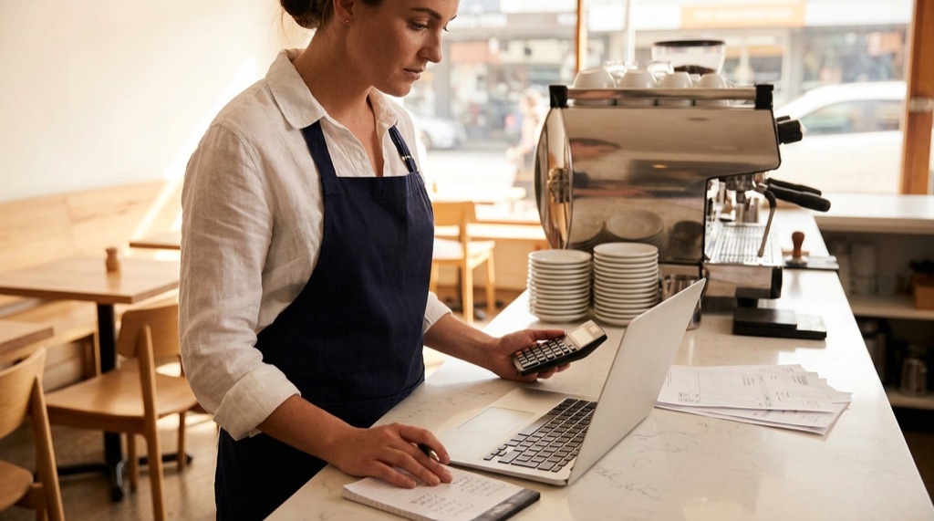 A NSW cafe owner in a navy apron at her front counter with a calculator, laptop, notepad and invoices, working out what a Food Safety Supervisor certificate will cost her business