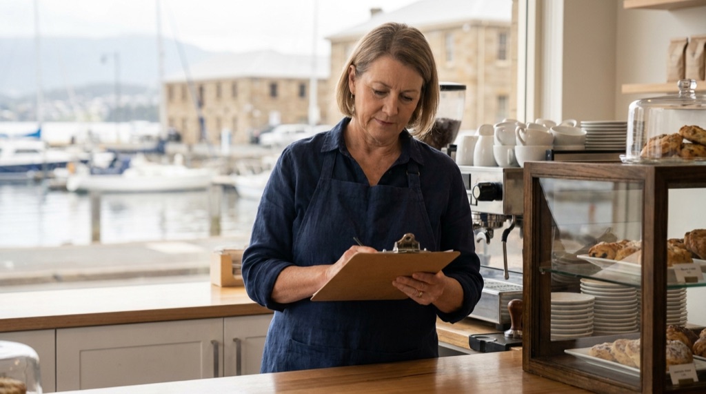 A Tasmanian cafe owner in a navy apron stands behind her front counter holding a clipboard, Hobart's waterfront visible through the window behind her, espresso machine and glass pastry cabinet beside her.