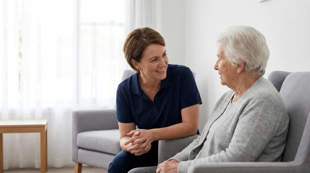 A support worker in a navy polo sitting and talking with an older woman in a sunlit aged care lounge room